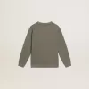 Distressed olijfgroen sweatshirt met gouden letters op de voorkant