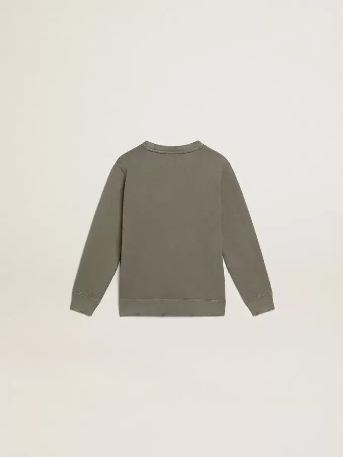 Distressed olijfgroen sweatshirt met gouden letters op de voorkant