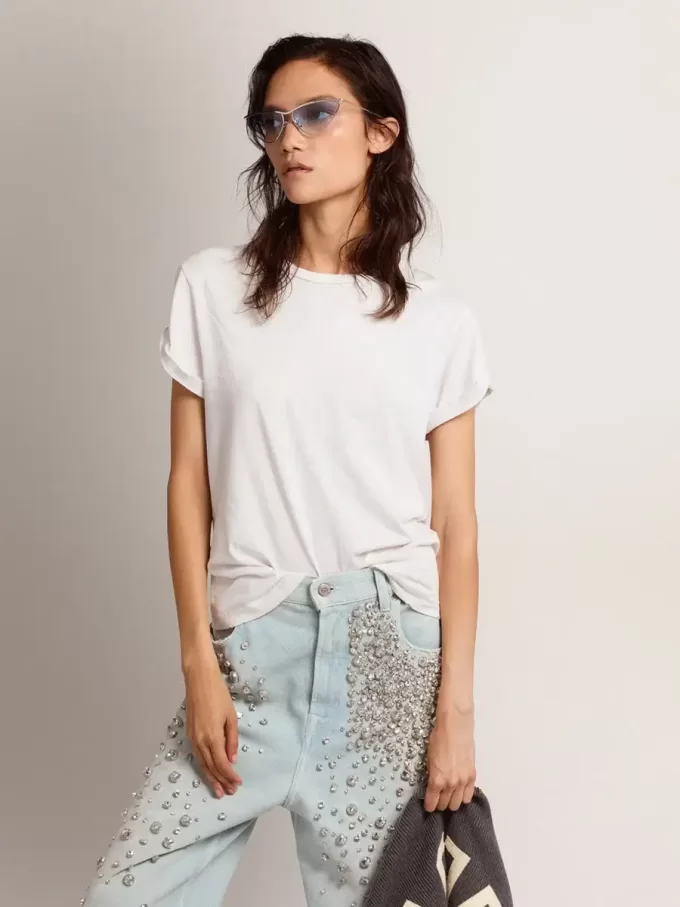 Distressed slim-fit dames-T-shirt in wit