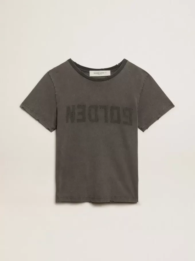 Distressed slim-fit T-shirt in antracietgrijs