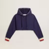 Donkerblauw cropped sweatshirt met ritssluiting en geborduurde capuchon