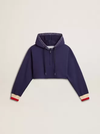 Donkerblauw cropped sweatshirt met ritssluiting en geborduurde capuchon