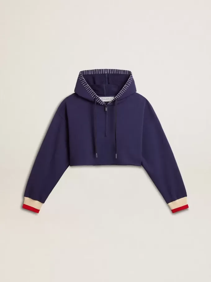 Donkerblauw cropped sweatshirt met ritssluiting en geborduurde capuchon