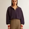 Donkerblauw cropped sweatshirt met ritssluiting en geborduurde capuchon