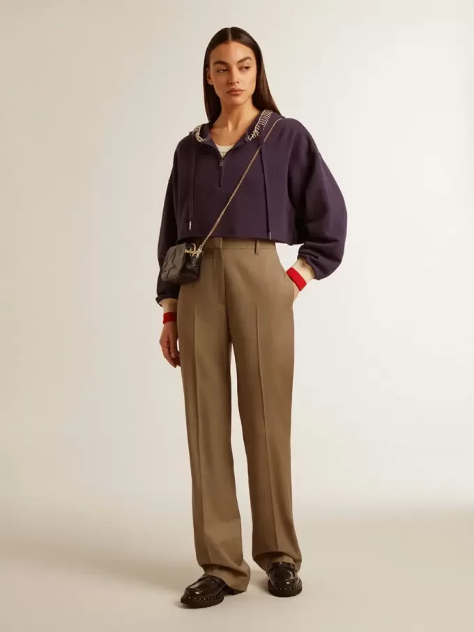 Donkerblauw cropped sweatshirt met ritssluiting en geborduurde capuchon