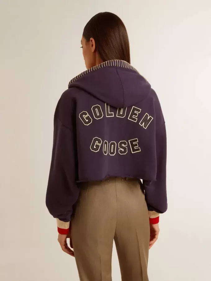 Donkerblauw cropped sweatshirt met ritssluiting en geborduurde capuchon