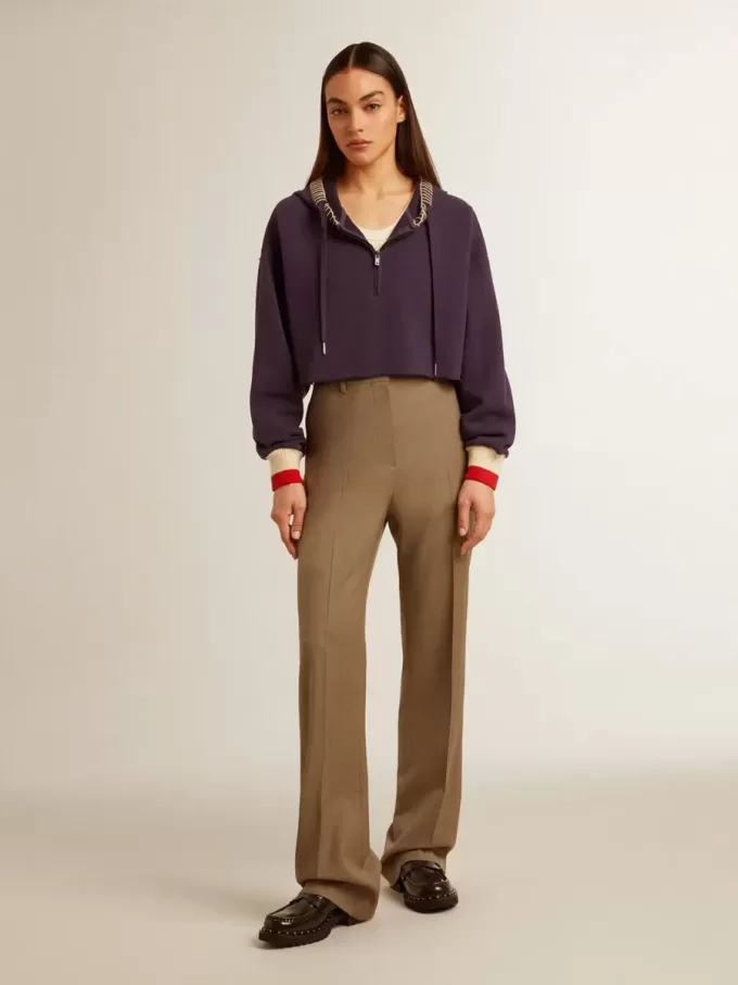 Donkerblauw cropped sweatshirt met ritssluiting en geborduurde capuchon