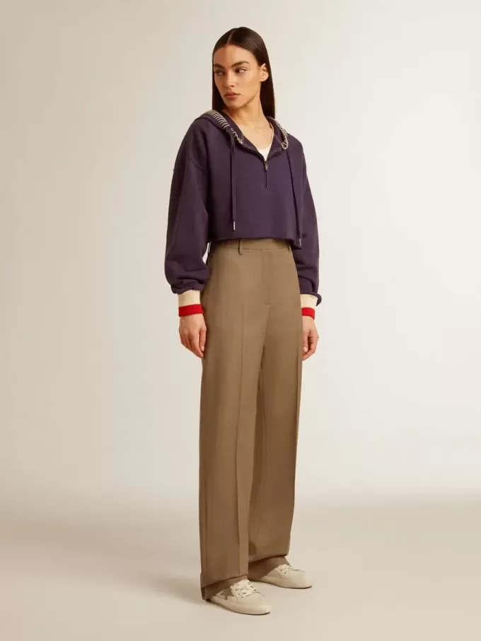 Donkerblauw cropped sweatshirt met ritssluiting en geborduurde capuchon