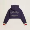 Donkerblauw cropped sweatshirt met ritssluiting en geborduurde capuchon