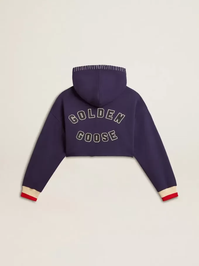 Donkerblauw cropped sweatshirt met ritssluiting en geborduurde capuchon