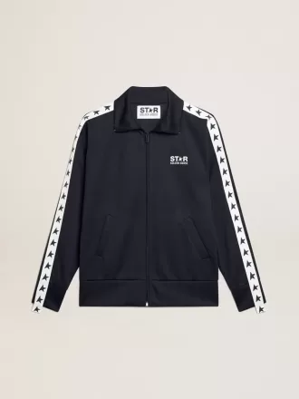 Donkerblauw sweatshirt met ritssluiting, witte streep en contrasterende sterren