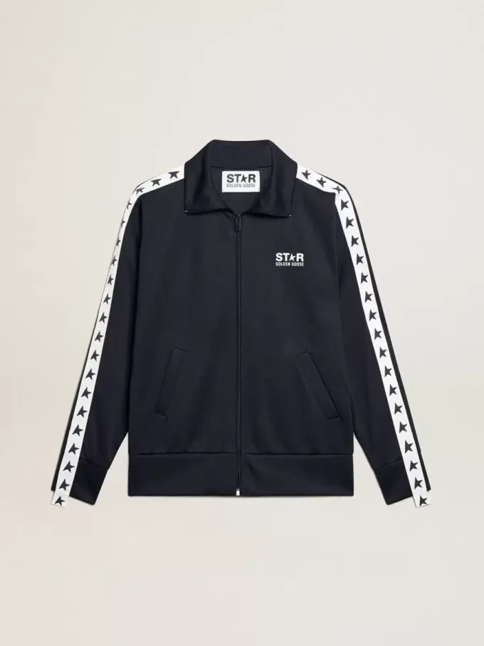 Donkerblauw sweatshirt met ritssluiting, witte streep en contrasterende sterren