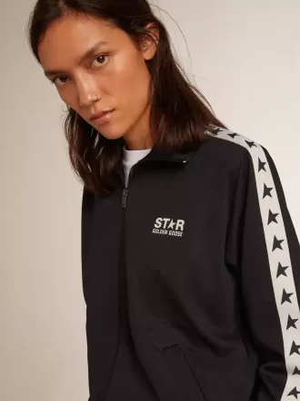 Donkerblauw sweatshirt met ritssluiting, witte streep en contrasterende sterren