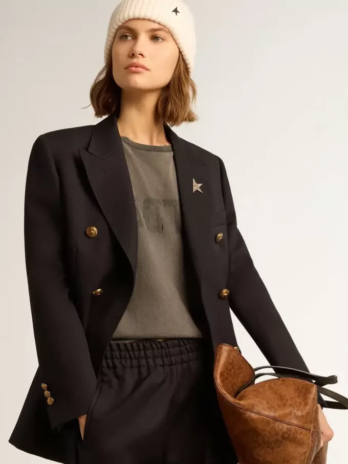 Donkerblauwe blazer met dubbele knoopsluiting voor dames