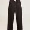 Donkerblauwe herenjeans met wijde pijpen in one-wash denim