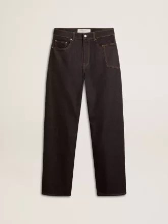 Donkerblauwe herenjeans met wijde pijpen in one-wash denim