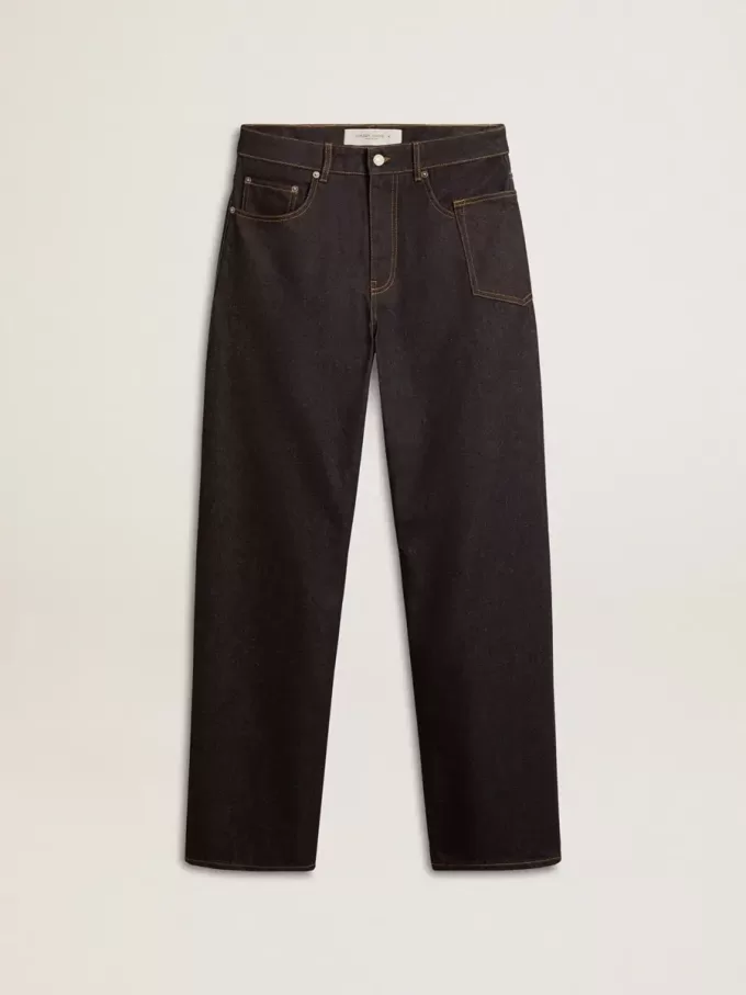 Donkerblauwe herenjeans met wijde pijpen in one-wash denim