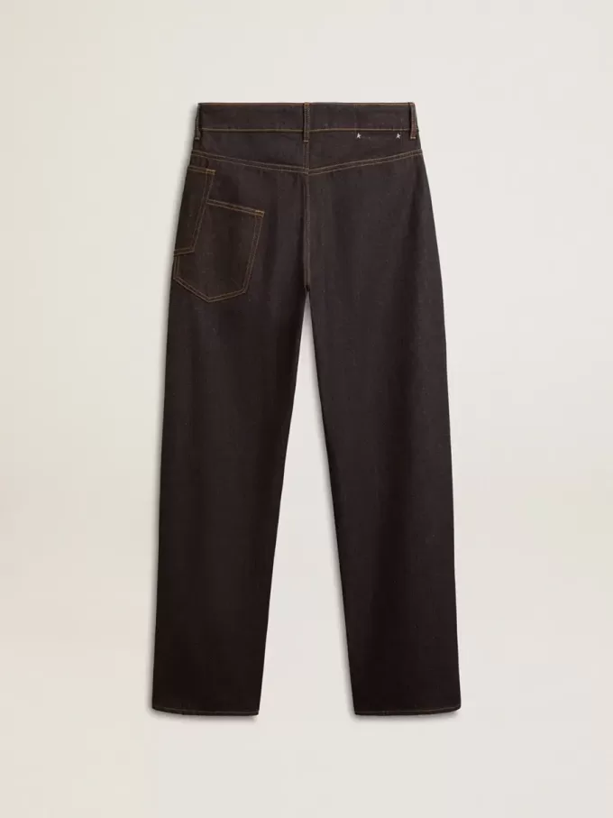 Donkerblauwe herenjeans met wijde pijpen in one-wash denim