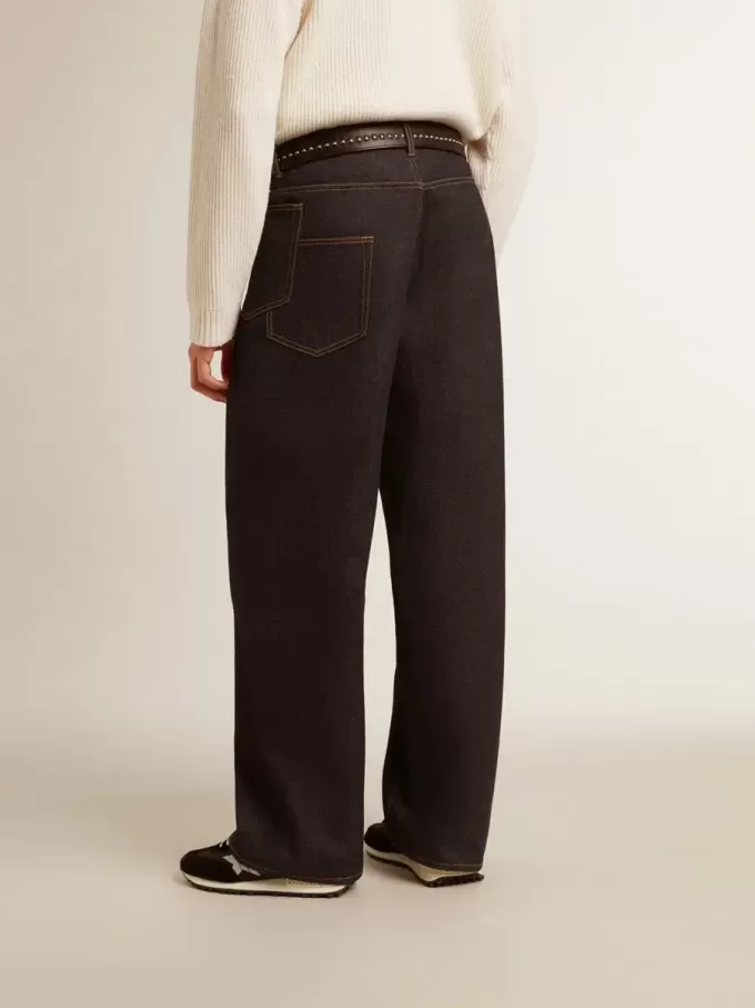 Donkerblauwe herenjeans met wijde pijpen in one-wash denim
