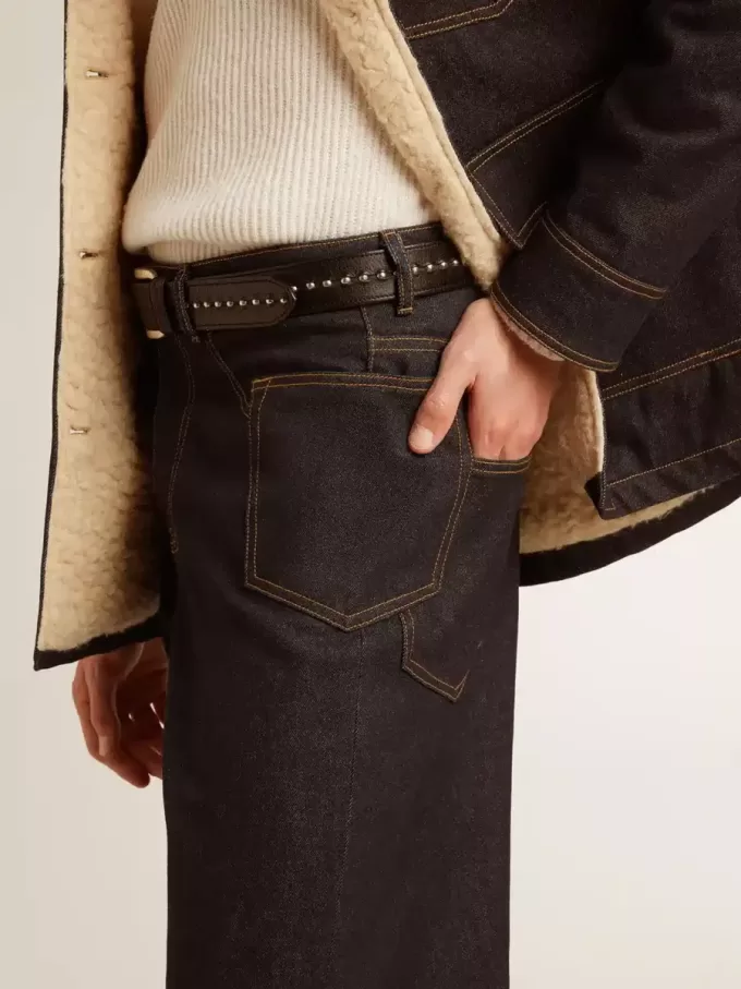 Donkerblauwe herenjeans met wijde pijpen in one-wash denim