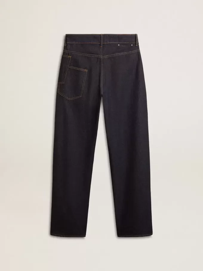 Donkerblauwe herenjeans met wijde pijpen in one-wash denim