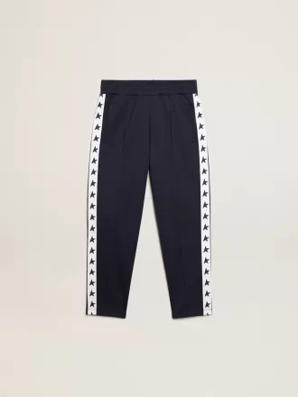 Donkerblauwe joggingbroek met witte streep en contrasterende sterren