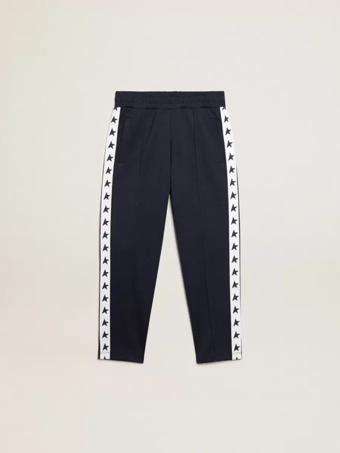 Donkerblauwe joggingbroek met witte streep en contrasterende sterren