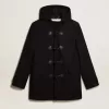 Donkerblauwe wollen duffelcoat met capuchon en knopen