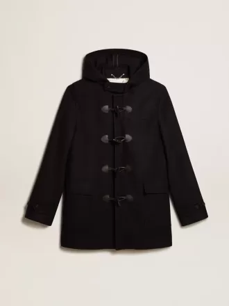 Donkerblauwe wollen duffelcoat met capuchon en knopen