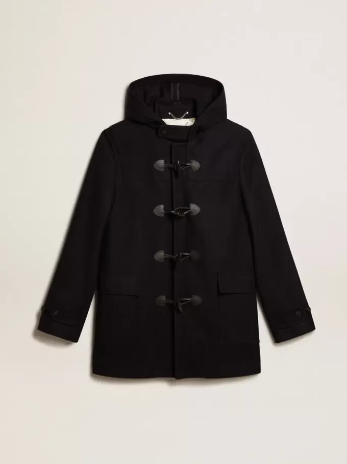 Donkerblauwe wollen duffelcoat met capuchon en knopen