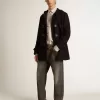 Donkerblauwe wollen duffelcoat met capuchon en knopen
