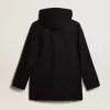 Donkerblauwe wollen duffelcoat met capuchon en knopen