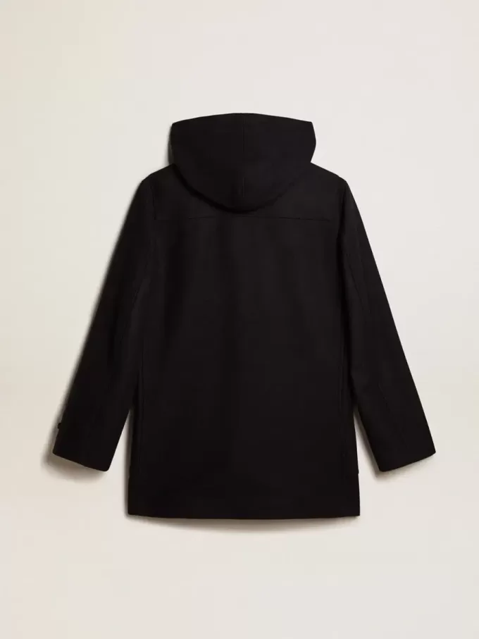 Donkerblauwe wollen duffelcoat met capuchon en knopen