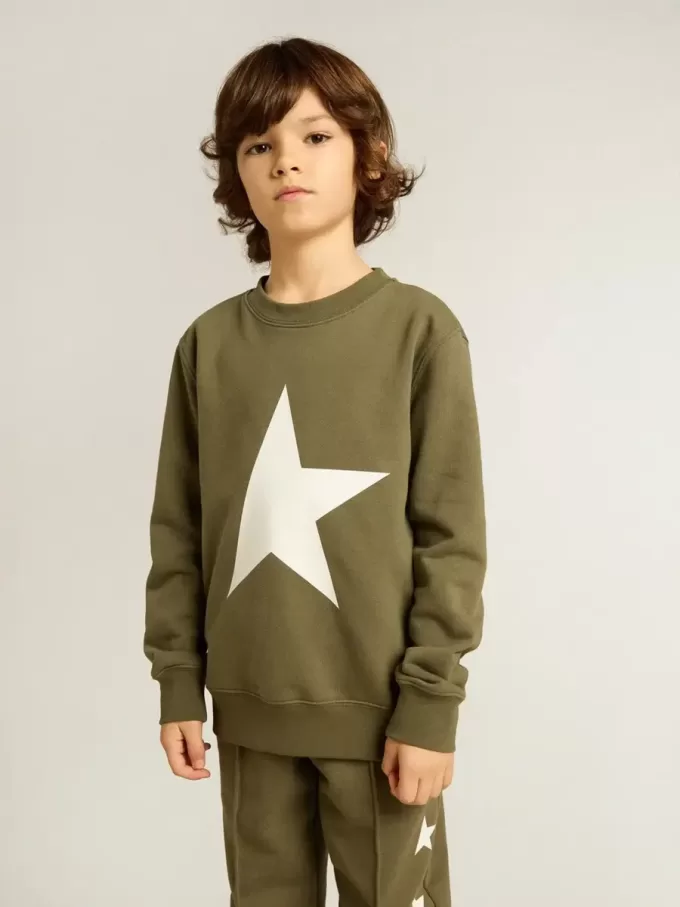 Donkergroen sweatshirt voor jongens met witte maxi-ster op de voorkant