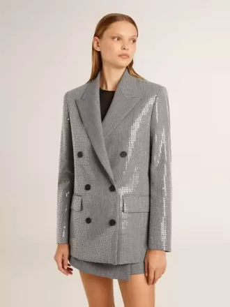 Dubbelrijige wollen boyfriend-jas in micro-pied-de-poule en pailletten