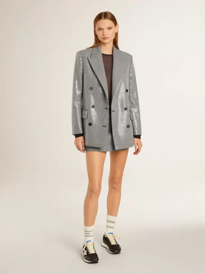 Dubbelrijige wollen boyfriend-jas in micro-pied-de-poule en pailletten
