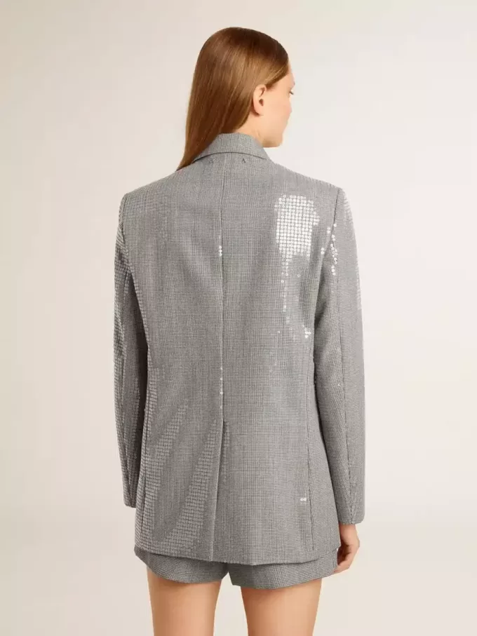 Dubbelrijige wollen boyfriend-jas in micro-pied-de-poule en pailletten
