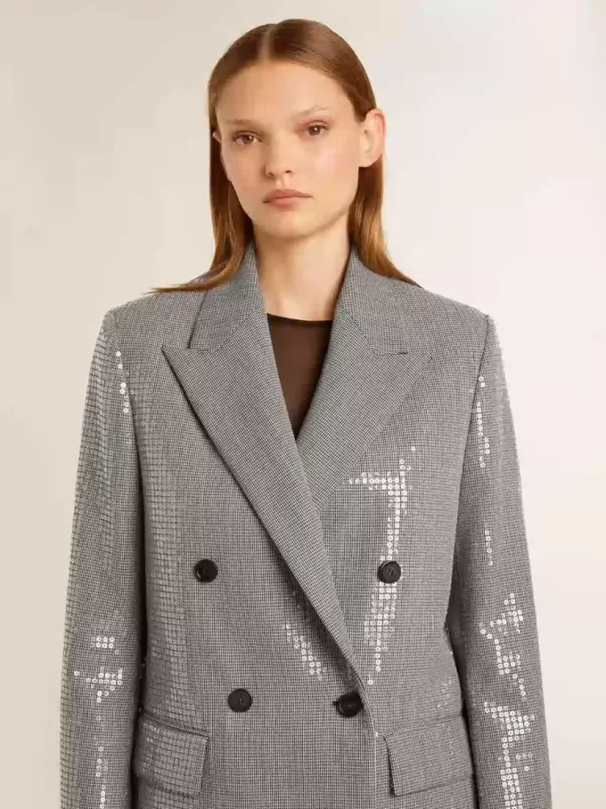 Dubbelrijige wollen boyfriend-jas in micro-pied-de-poule en pailletten