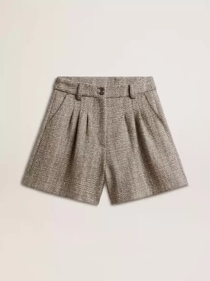 Ecru bruine damesshort van visgraatwol