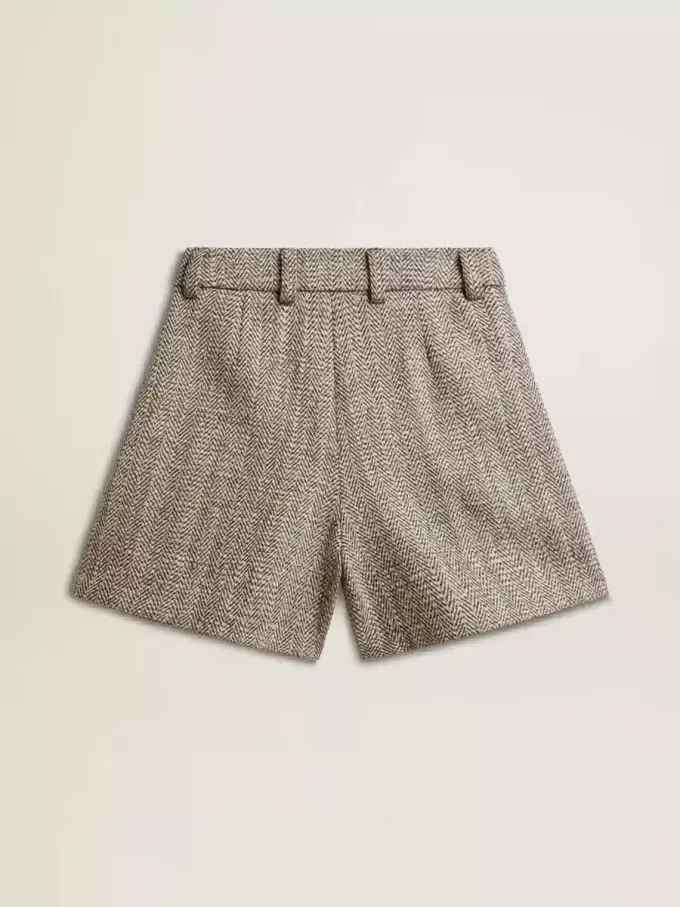 Ecru bruine damesshort van visgraatwol