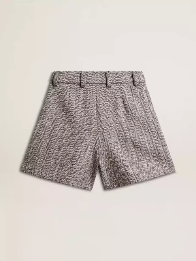 Ecru bruine damesshort van visgraatwol