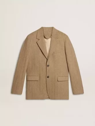 Enkelrijige blazer voor heren in een zandkleurige linnenmix met chevronpatroon.