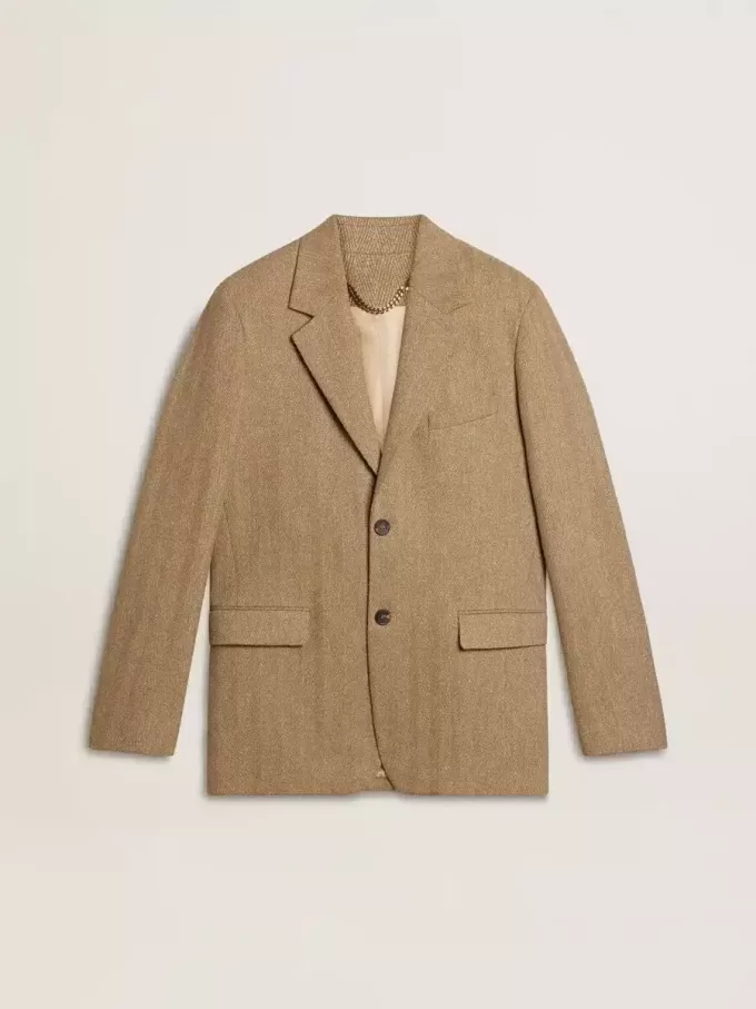 Enkelrijige blazer voor heren in een zandkleurige linnenmix met chevronpatroon.