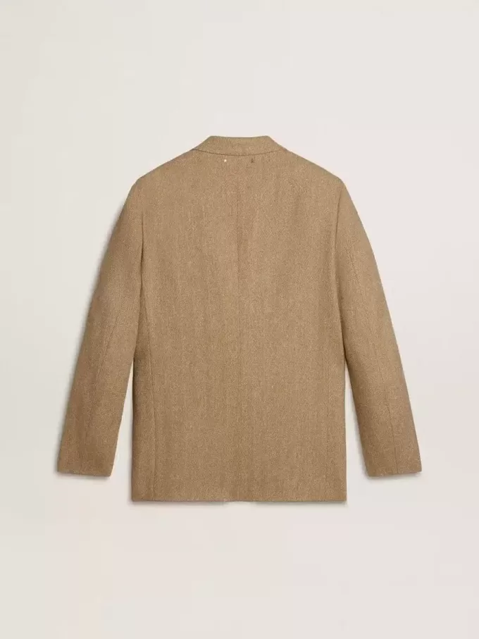 Enkelrijige blazer voor heren in een zandkleurige linnenmix met chevronpatroon.