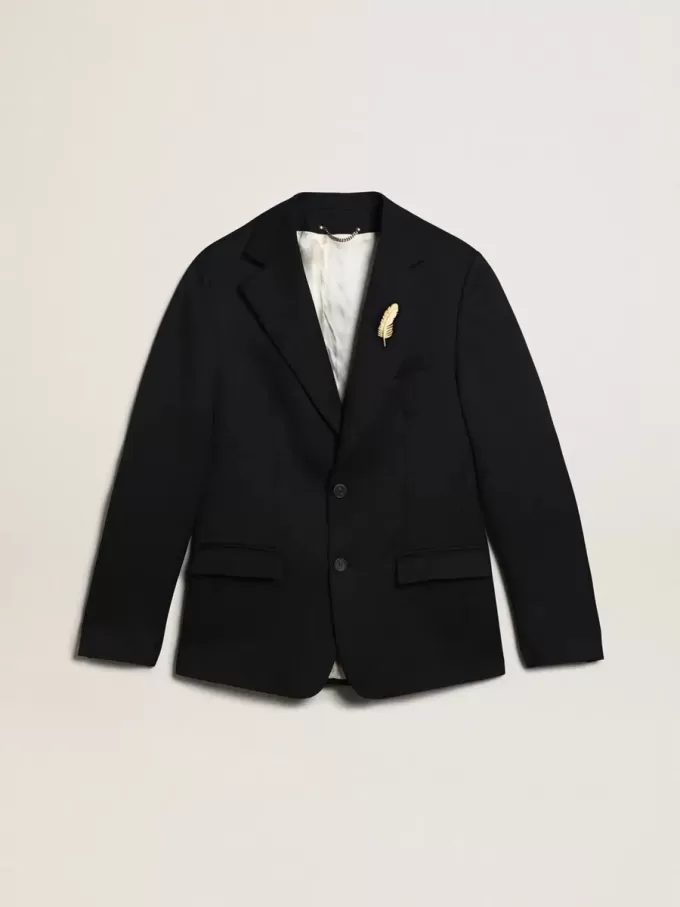 Enkelrijige herenblazer van donkerblauwe wollen gabardine