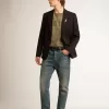 Enkelrijige herenblazer van donkerblauwe wollen gabardine