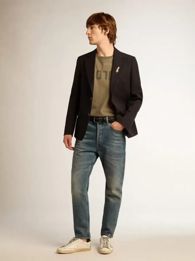 Enkelrijige herenblazer van donkerblauwe wollen gabardine