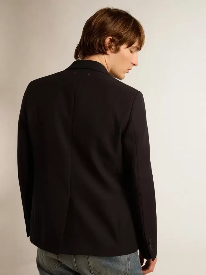 Enkelrijige herenblazer van donkerblauwe wollen gabardine