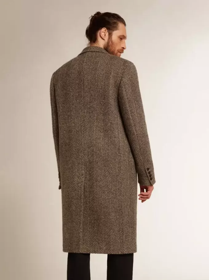 Enkelrijige wollen jas voor heren met beige en grijs visgraatmotief