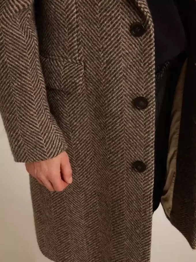 Enkelrijige wollen jas voor heren met beige en grijs visgraatmotief